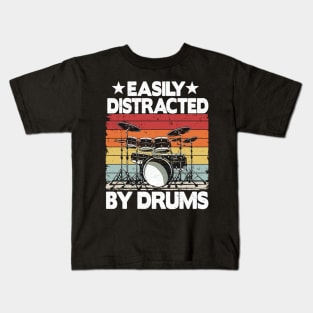 Easily Distracted By Drums Funny Drummer Drumming Kids T-Shirt